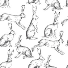 Vector Vintage Seamless Pattern With Hares In Different Actions Isolated On White. Hand Drawn Texture With Rabbits In Engraving Style. Background With Sketch Of Animals