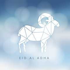 Wall Mural - Greeting card, invitation with silhouette of modern hand drawn polygonal sheep. Vector illustration, blurred background for muslim holiday of sacrifice Eid Ul Adha.