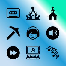 Vector Icon Set About Music With 9 Icons Related To Picture, Network, Connect, Girl, Musician, Musical Pentagram, Bible, Fast Forward, Cinema And Symbol