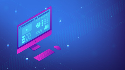 Isometric personal computer with interface data on the screen. PC UI, UX design and application software development. IT business and digital technology concept. Ultraviolet vector 3d illustration.