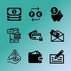 Vector icon set about bank with 9 icons related to bag, internet, earnings, money, web, rich, wireless, online, banknotes and deposit