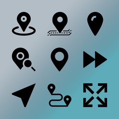 Vector icon set about location with 9 icons related to user, metal, point, travel, hat, fast forward, route, signpost, wooden and woman