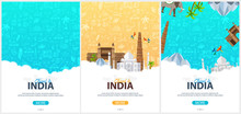 Set Of India Travel Banners. Indian Hand Drawn Doodles On Background. Vector Illustration.