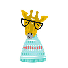 Wall Mural - Cute hand drawn nursery poster with cartoon cool giraffe animal with glasses and knitted sweater.