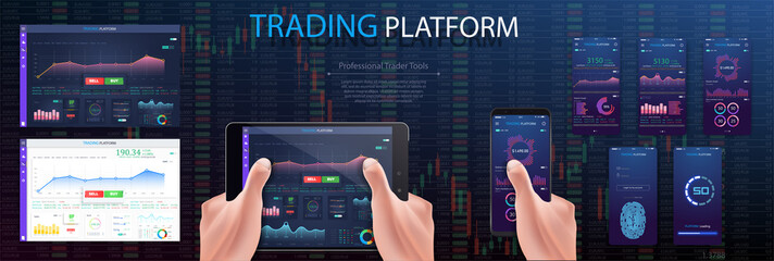 Wall Mural - hands on tablet , investor analyzing stock market investments with financial dashboard, business int