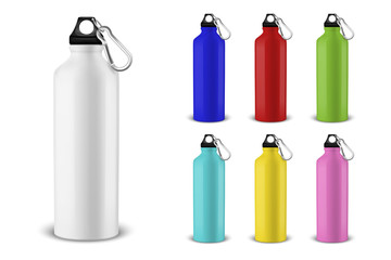 Vector realistic 3d different color empty glossy metal water bottle with black bung icon set closeup on white background. Design template of packaging mockup for graphics. Front view