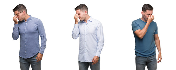 Wall Mural - Handsome young man wearing different outfits tired rubbing nose and eyes feeling fatigue and headache. Stress and frustration concept.