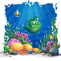 Wall Mural - Beautiful cartoon funny green fish