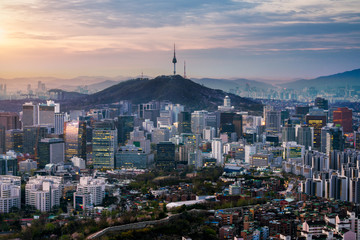 Wall Mural - Sunrise scene of Seoul downtown city skyline