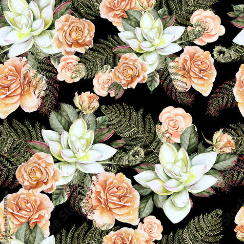 A bright watercolor pattern with flowers of a rose and  succulent. With leave...