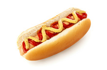 American Hot Dog With Ketchup And Mustard Isolated On White Background
