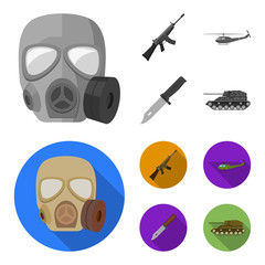 Assault rifle M16, helicopter, tank, combat knife. Military and army set collection icons in monochrome,flat style vector symbol stock illustration web.