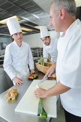 Sticker - apprentices cooks watching the chef garnishing a dish