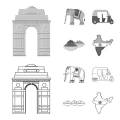 Wall Mural - Country India outline,monochrome icons in set collection for design.India and landmark vector symbol stock web illustration.