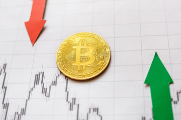 fluctuations  and forecasting of exchange rates of virtual money bitcoin. Red and green arrows with golden Bitcoin ladder on paper forex chart background. Cryptocurrency concept.