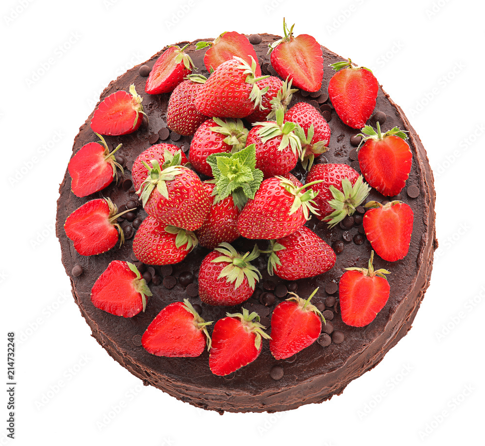 Tasty chocolate cake decorated with fresh strawberry on white background