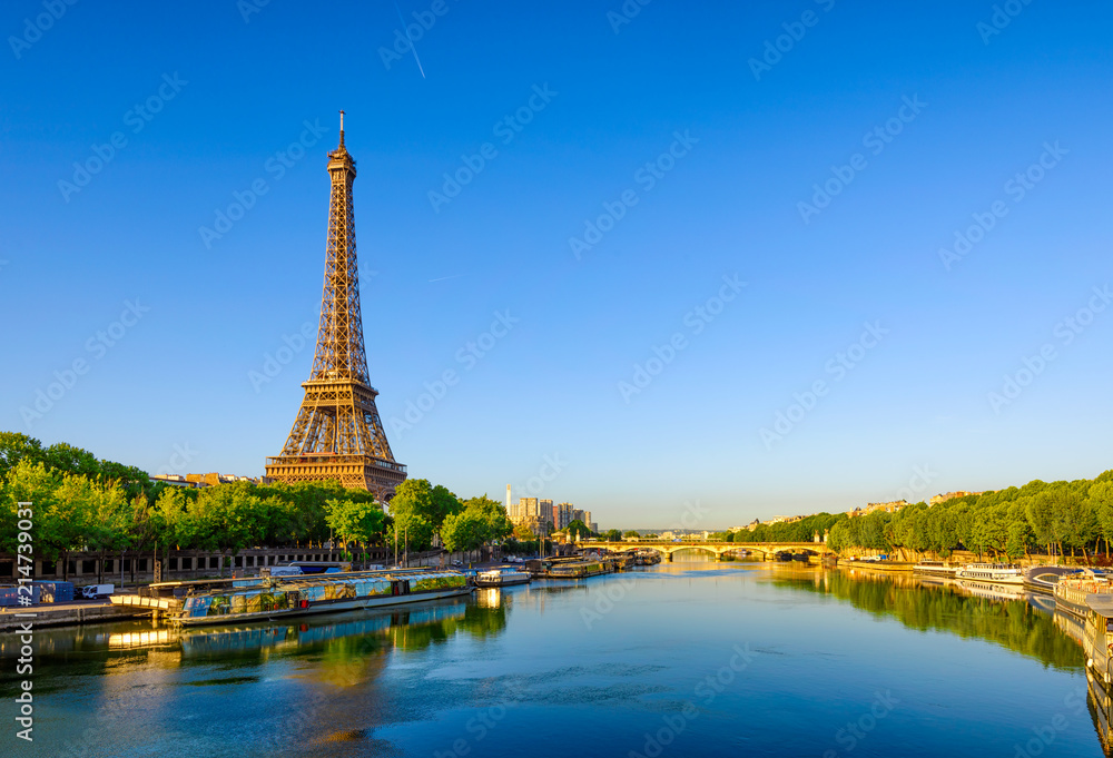 View of Eiffel Tower and river Seine at sunrise in Paris, France. Eiffel Tower is one of the most iconic landmarks of Paris - obrazy, fototapety, plakaty 