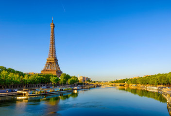Wall Mural - view of eiffel tower and river seine at sunrise in paris, france. eiffel tower is one of the most ic
