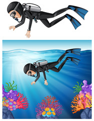 Sticker - Scuba diver swimming in a reef