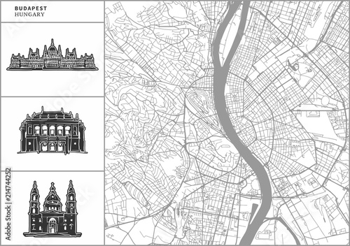 Fotomural Budapest city map with hand-drawn architecture icons
