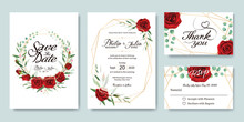 Wedding Invitation, Save The Date, Thank You, RSVP Card Design Template. Vector. Summer Flower, Red Rose, Silver Dollar, Olive Leaves, Wax Flower.