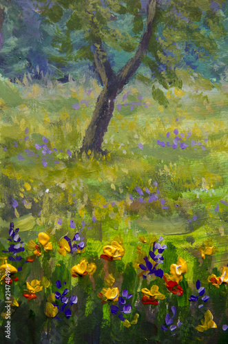 Dekoracja na wymiar  obraz-olejny-kwiat-fioletowe-pomaranczowe-zolte-kwiaty-pole-zblizenie-obrazy-olejne-krajobraz-oil