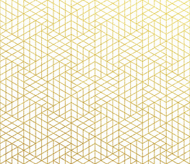 Aufkleber - Golden glittery geometric pattern. Vector abstract gold foil texture background of seamless mosaic 3D cube lines pattern