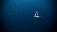 Sailing Boat On Open Water, Aerial View