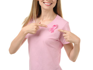 Sticker - Beautiful woman with pink ribbon on white background. Breast cancer concept