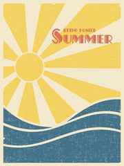 Summer retro poster. Sun over the sea waves. Vintage grunge style