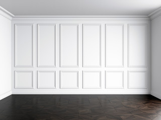 3d render of white interior with panels on wall and dark wood on floor