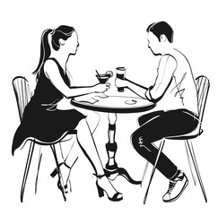 guy and girl at a cafe table, sketch, vector illustration, isolated object