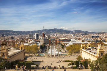 Wall Mural - View of Barcelona and esplanade-avenida by queen Mary-Christina from the national Palace, Barcelona, Catalonia, Spain