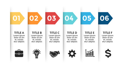 Vector paper arrows infographic, banners diagram, labels graph, stickers presentation chart. Business concept with 6 options, parts, steps, processes. Slide template.