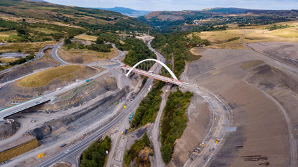 Poster - Aerial drone view of a large new bridge construction and major roadworks in Wales