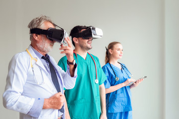 Wall Mural - Portrait of doctor team are using virtual reality technology to examination physical body patient, Technology and occupational concept