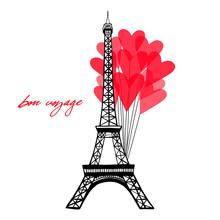 Eiffel Tower And Red Cute Heart Balloons And Text Bon Voyage. Eiffel Tower In Paris Themed Template Vector Illustration, Hand Drawn Famous French Landmark Silhouette