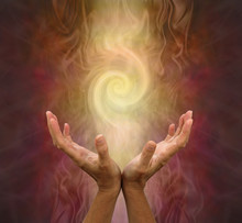 Channeling Golden Vortex Healing Energy  - Female Hands Held Open And Palms Upwards With A Vortex Energy Formation Above On A Warm Golden Brown Background
