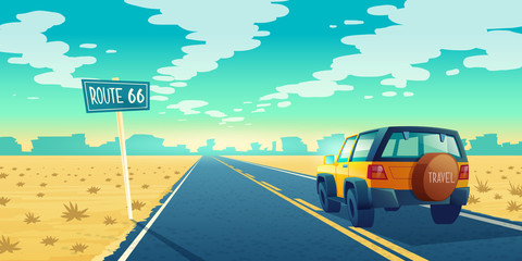 Vector cartoon landscape of barren desert with long highway. Car rides along asphalt road to canyon. Route 66, roadway with pointer, skyline with sandy wasteland. Travel concept background