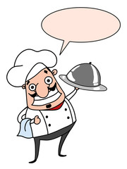 cartoon chef characters and plate and speech bubble