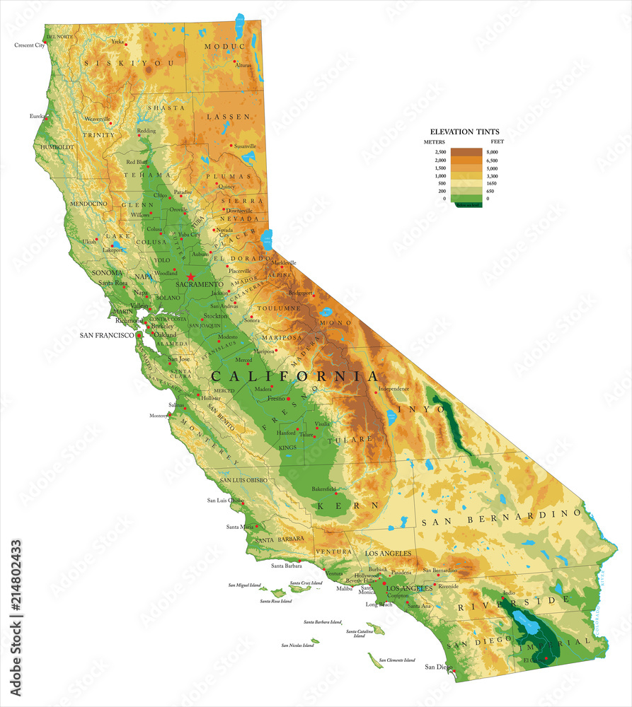 California physical map Stock Vector | Adobe Stock