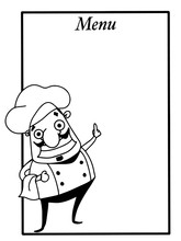 Cartoon Chef Characters  Pointing With His Finger  And  Menu  And  Black White Colors
