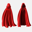 Vector realistic set of red cloaks with hoods isolated on white background. Carnival clothes, fancy dress, masquerade costume for superhero, vampire. Mockup with silk capes, front and back view