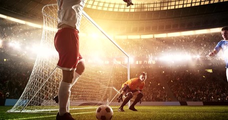 Wall Mural - Attacker receives a pass and scores a goal on a professional soccer stadium while the sun shines. Stadium and crowd are made in 3D and animated.