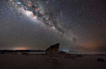 starry night sky with stars and milky way galaxy. soft focus and noise due to long expose and high i