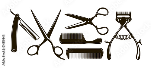 Fotomural Barbershop items such as scissors, comb, razor, mechanical hair clipper