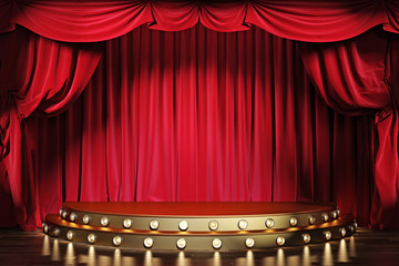 empty theater stage with red velvet curtains. 3d illustration