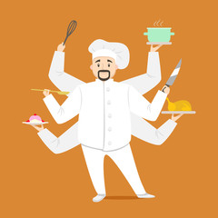 Poster - Cartoon Character Multitasking Chef Cooking. Vector