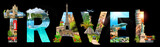Fototapeta Na drzwi - Travel inscription. Collage of famous places of the world. Element for Advertisement, postcard, poster, and more. Isolated on black.