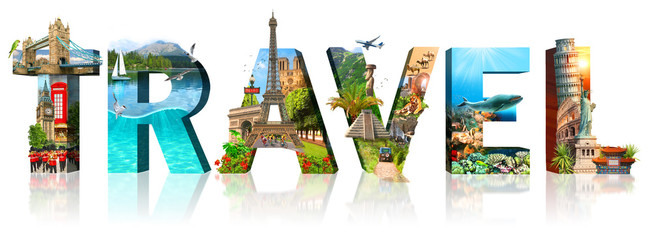 Wall Mural - travel inscription. collage of famous places of the world. element for advertisement, postcard, post
